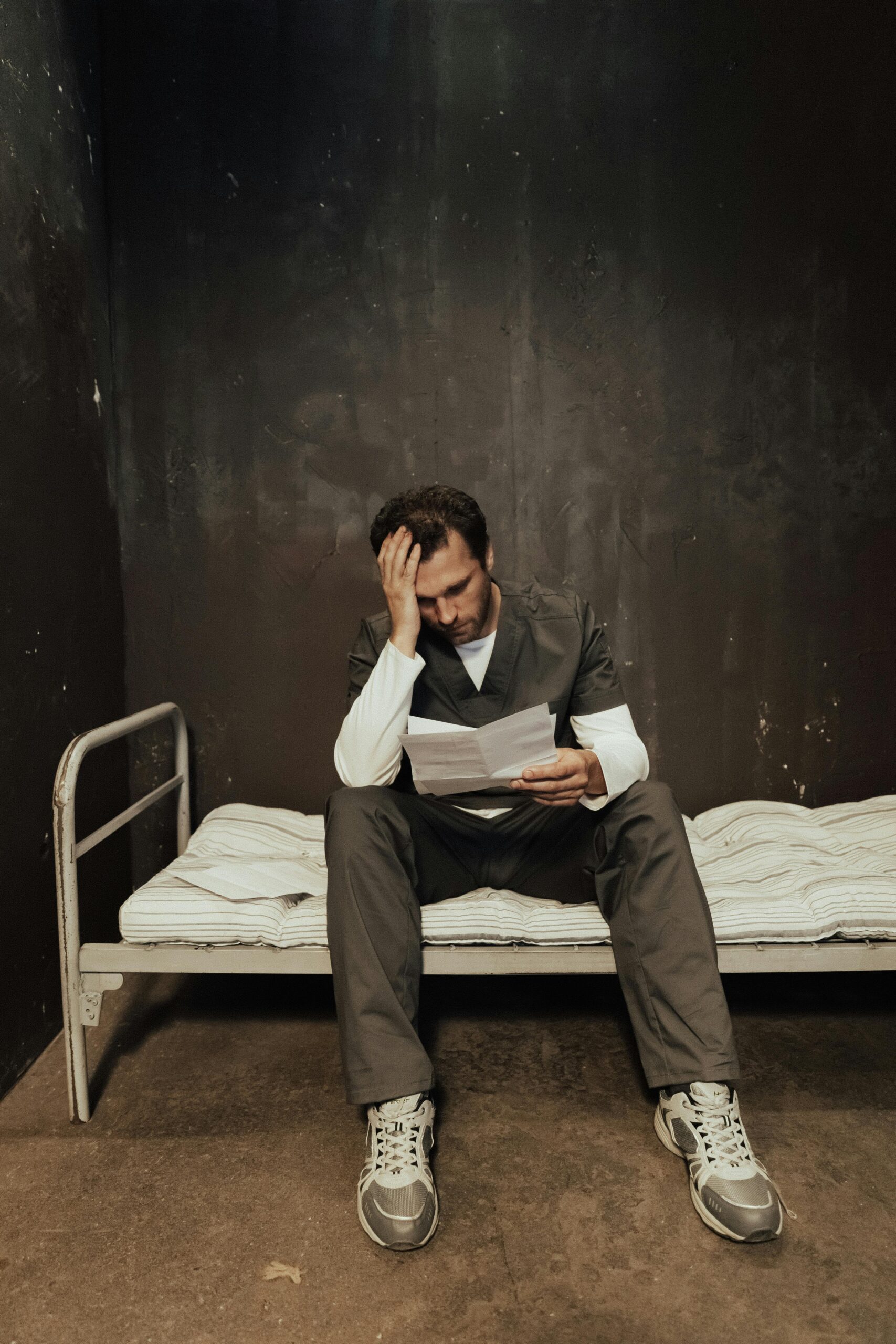 Prisoner in uniform sits on bed reading a letter, conveying emotions.